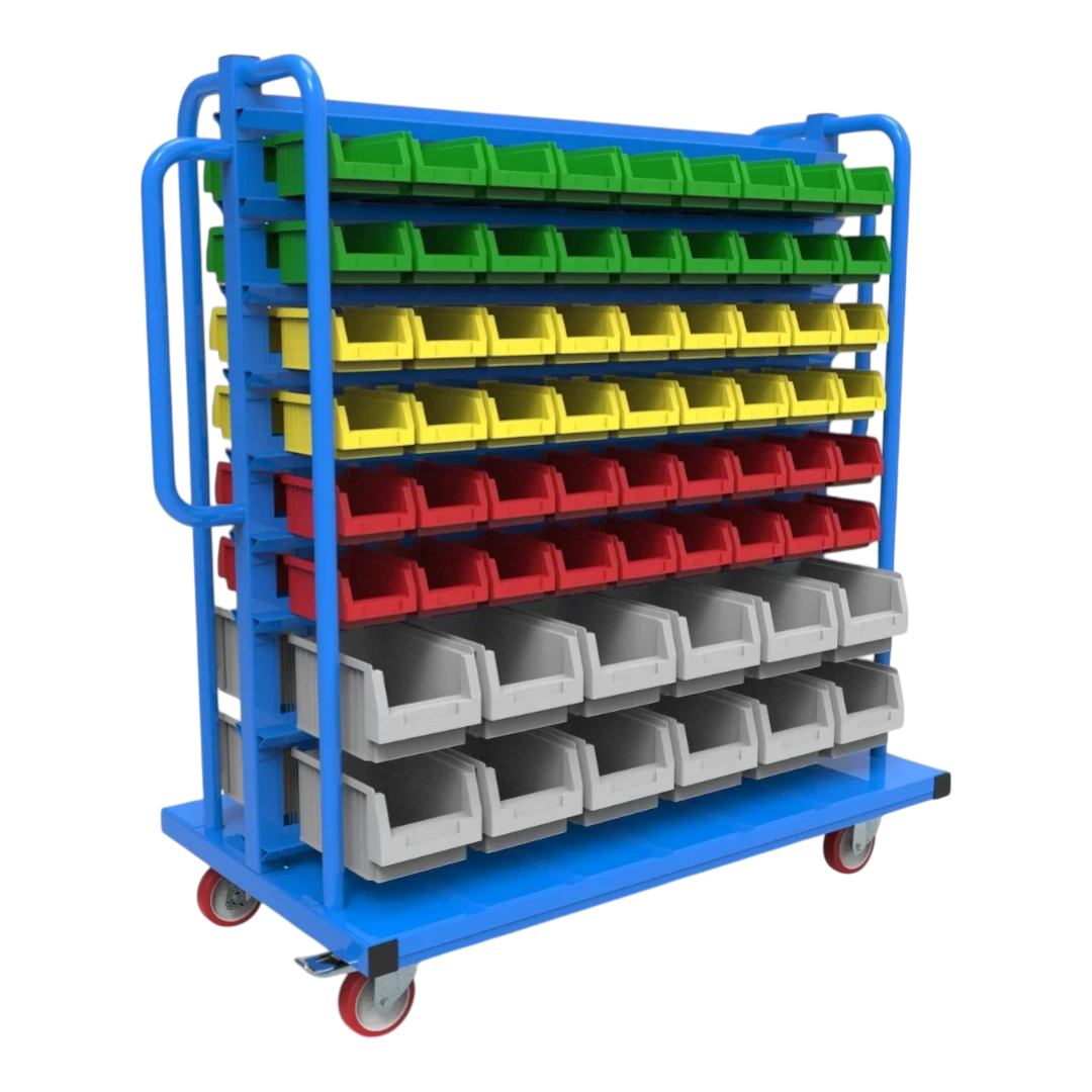 Kompakt-Rollwagen für Sichtlagerkästen - Schmale Bauform für enge Gänge, ideal für Werkstätten und Lager.